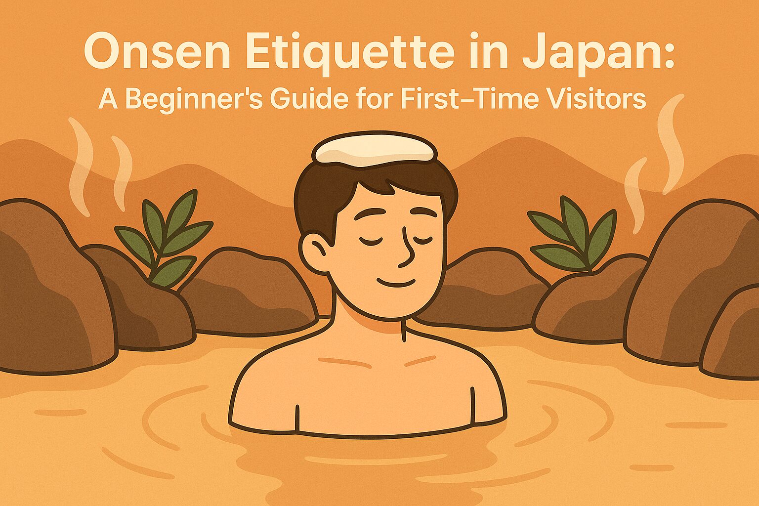 Alt="Illustration of a person enjoying a Japanese outdoor onsen with a towel on their head, steam rising, and the title Onsen Etiquette in Japan for a travel blog article."