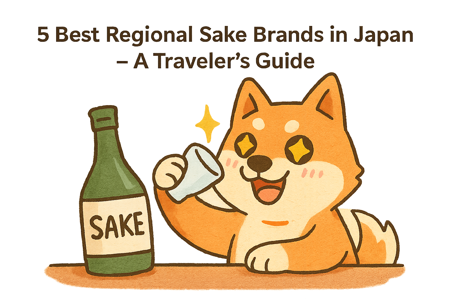 ALT="Cute watercolor illustration of a Shiba Inu drinking sake, with the title "5 Best Regional Sake Brands in Japan – A Traveler’s Guide" displayed on the bottle."