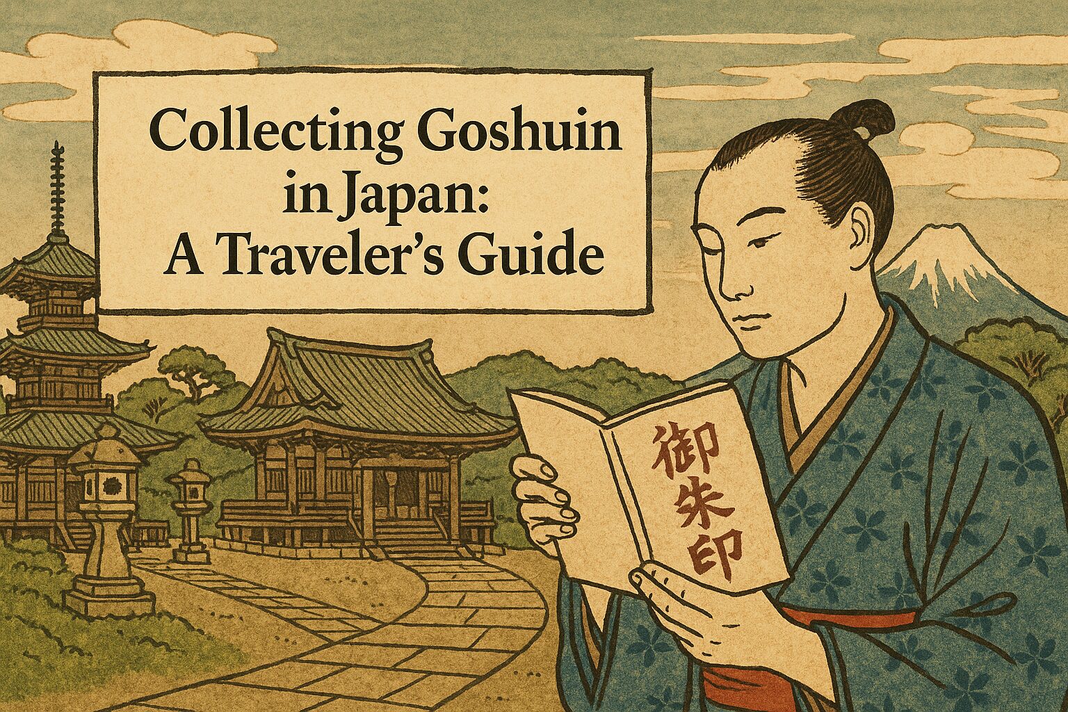 ALT="Ukiyo-e style illustration of a Goshuin stamp and temple in Japan"