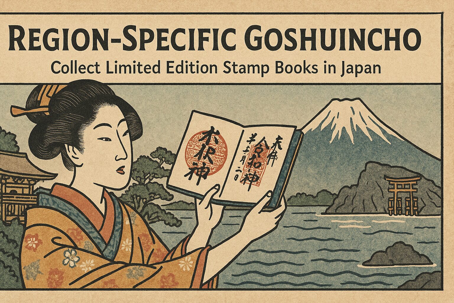 ALT="Ukiyo-e style illustration of a regional Goshuincho (temple stamp book) from Hiroshima, Japan"