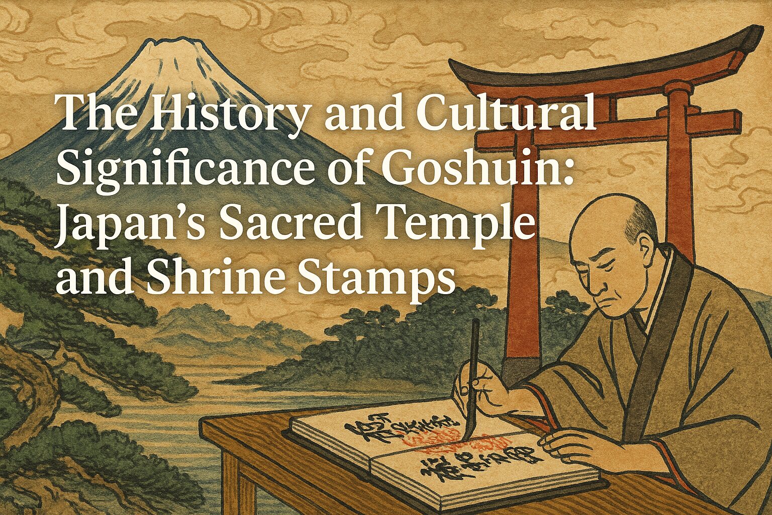 ALT＝"Ukiyo-e style illustration of a Japanese temple and shrine stamp scene, representing the cultural tradition of Goshuin in Japan."
