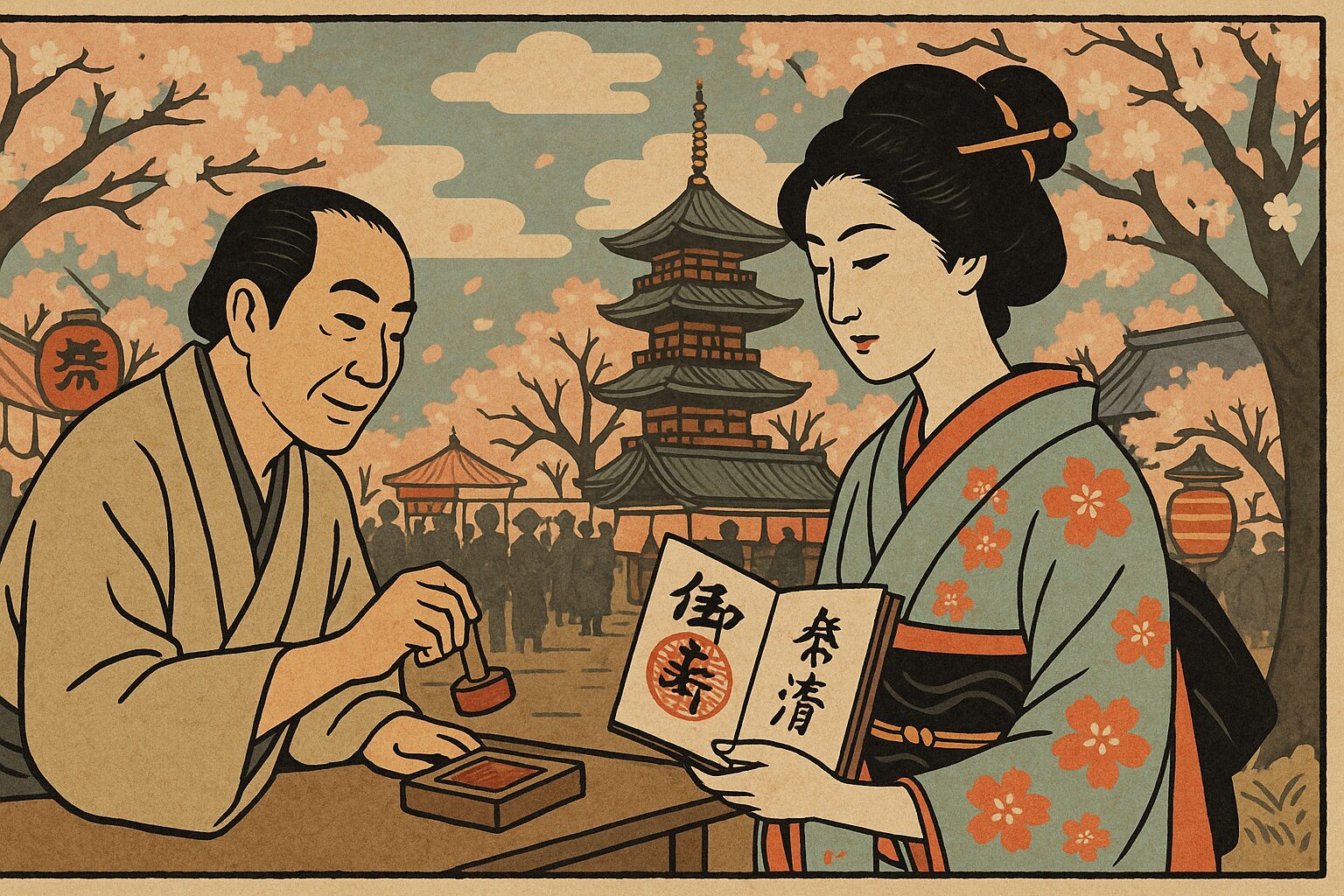ALT="Ukiyo-e style illustration of Seasonal and Festival Goshuin, highlighting Japan’s sacred temple and shrine stamp tradition."