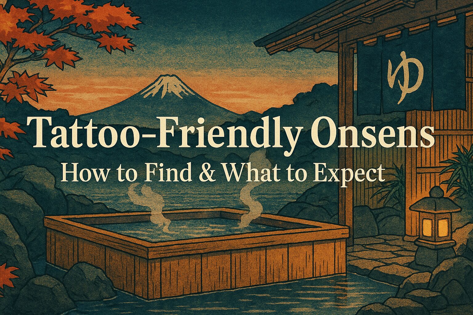 ALT="Tattoo-friendly onsen illustration in ukiyo-e style, showing an outdoor hot spring with Mount Fuji, autumn maple trees, and traditional bathhouse lantern, with the title 'Tattoo-Friendly Onsens: How to Find & What to Expect' in the center."
