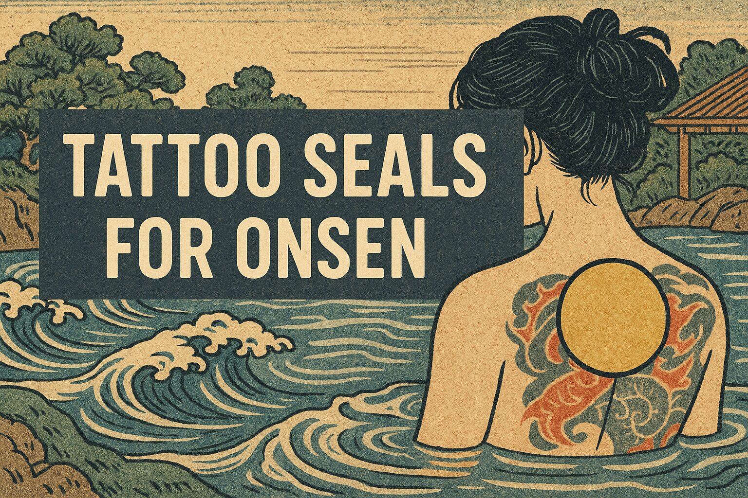 ALT="Ukiyo-e style illustration of a person in a Japanese onsen, with a tattoo on their back covered by a round seal, and the text 'Tattoo Seals for Onsen' in the center."