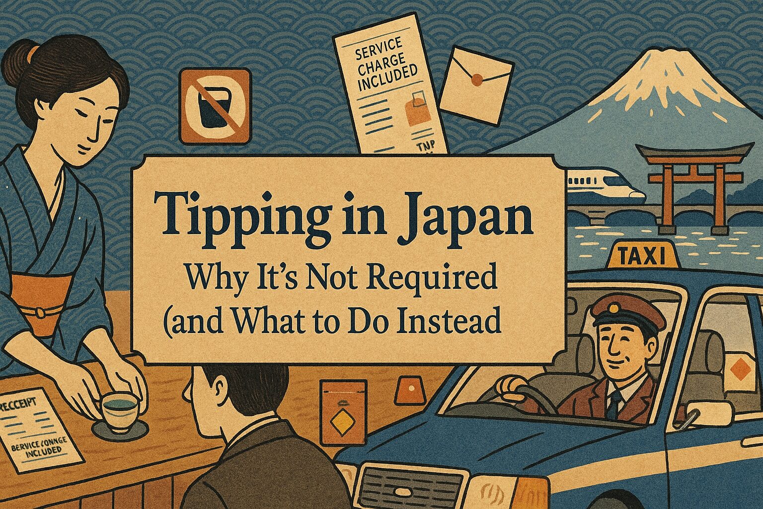 ALT="Ukiyo-e style illustration of a Japanese restaurant scene with the title 'Tipping in Japan: Why It’s Not Required'. Centered text overlay represents the article cover."