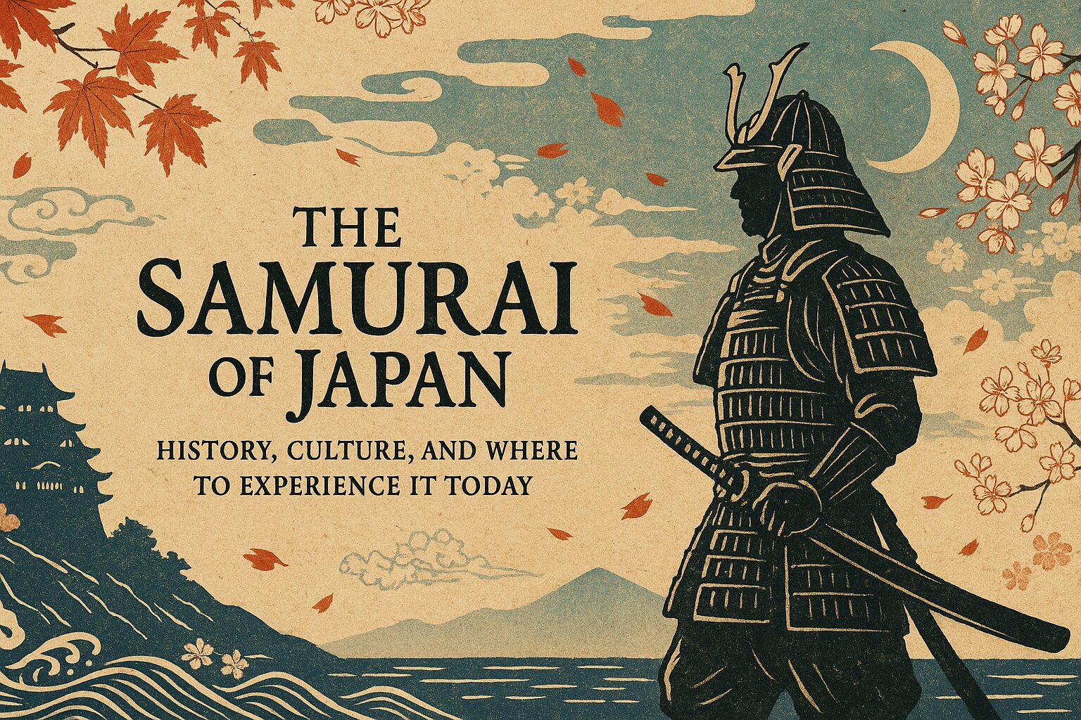 ALT="Ukiyo-e style illustration of samurai warriors with the title 'The Samurai of Japan: History, Culture, and Where to Experience It Today' displayed at the center."