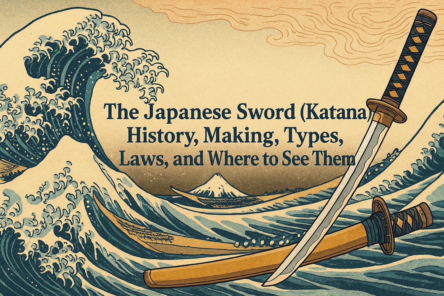 ALT="Ukiyo-e style illustration of Japanese swords (katana) with the title 'The Japanese Sword: History, Craft, and Where to See Them' displayed at the center."