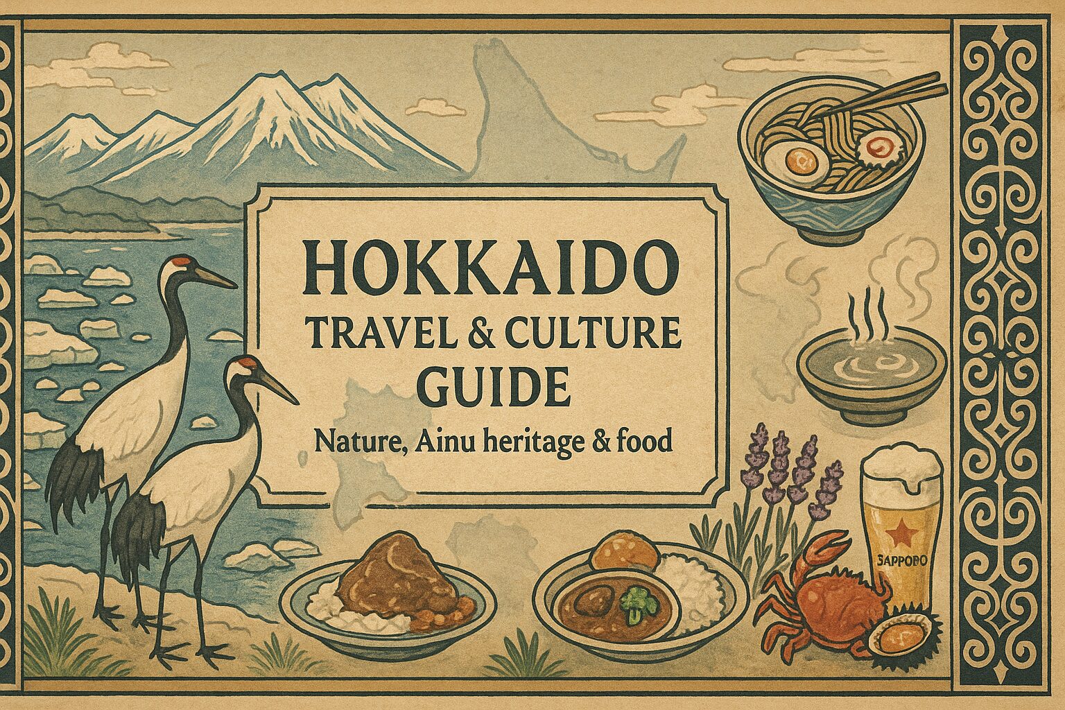 ALT="Ukiyo-e style illustration of Hokkaido, featuring snowy mountains, cherry blossoms, and Ainu cultural motifs, with the title 'Hokkaido Travel & Culture Guide' in the center."
