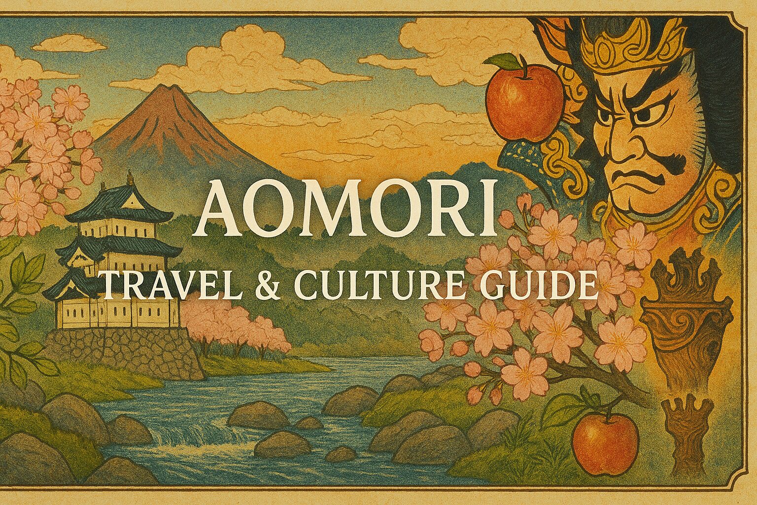 ALT="Ukiyo-e style illustration of Aomori, Japan — Nebuta Festival, apples, and historical landscapes with mountains and sea."