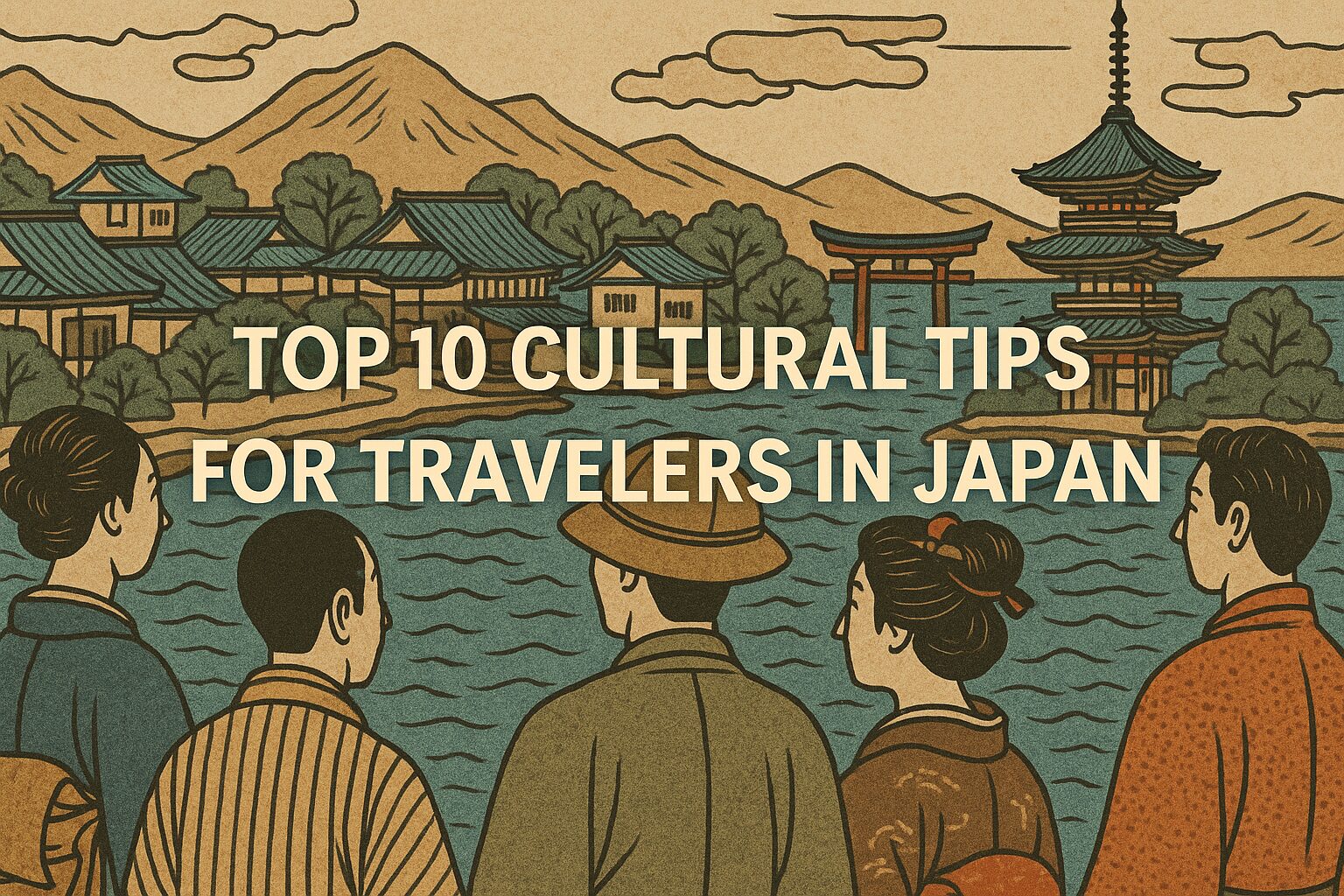 ALT="Ukiyo-e style illustration for the article 'Top 10 Cultural Tips for Travelers in Japan', showing traditional Japanese culture in a vibrant woodblock print design."