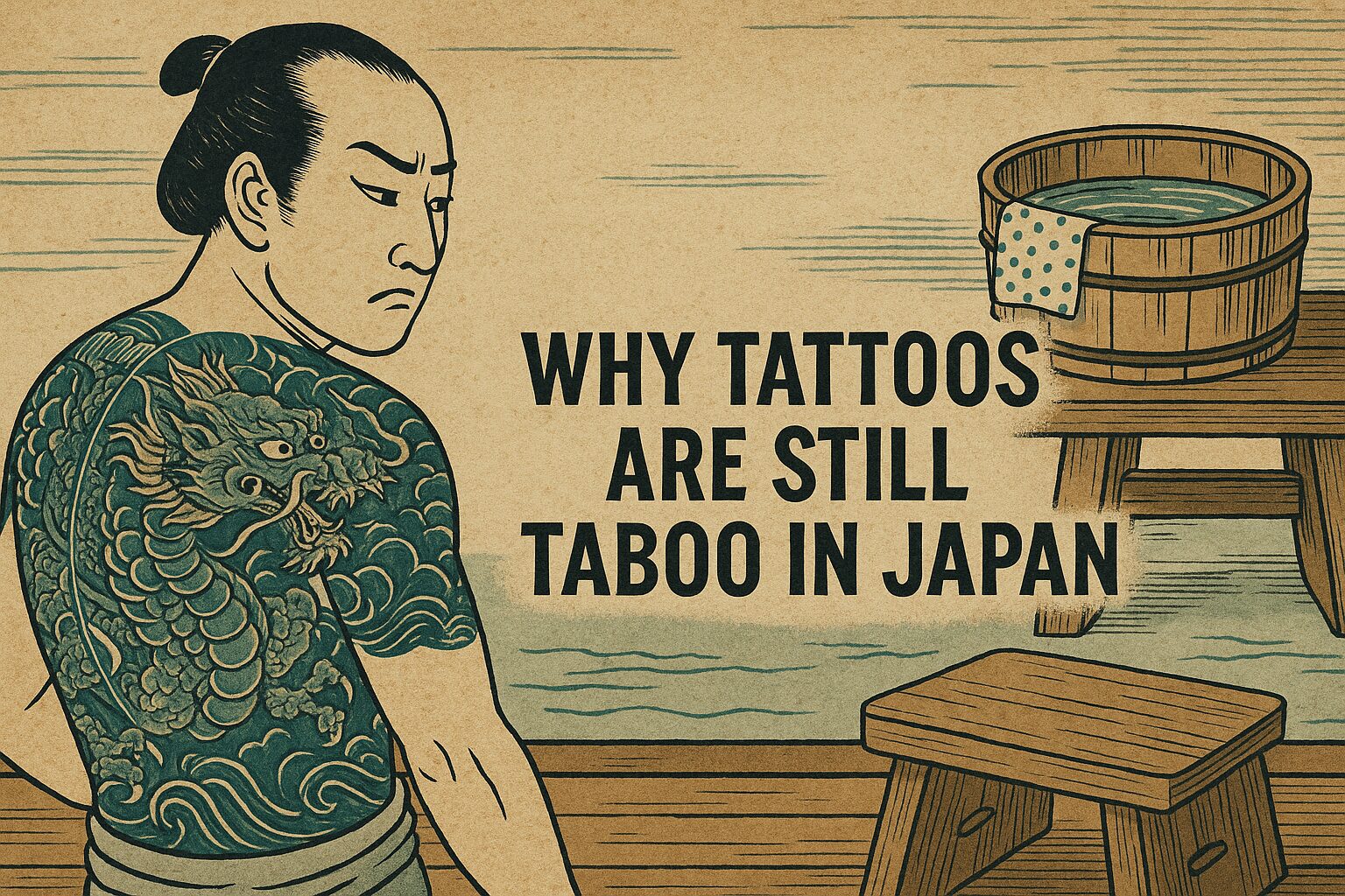 ALT=“Traditional Japanese irezumi motifs beside an onsen towel and wooden bath stool, cultural guide for travelers”