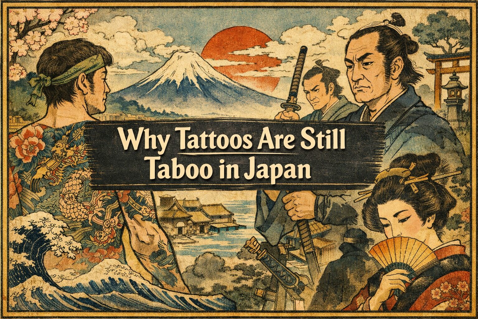 ALT=”Ukiyo-e style illustration showing tattooed figures and traditional Japanese culture, representing why tattoos are still taboo in Japan”